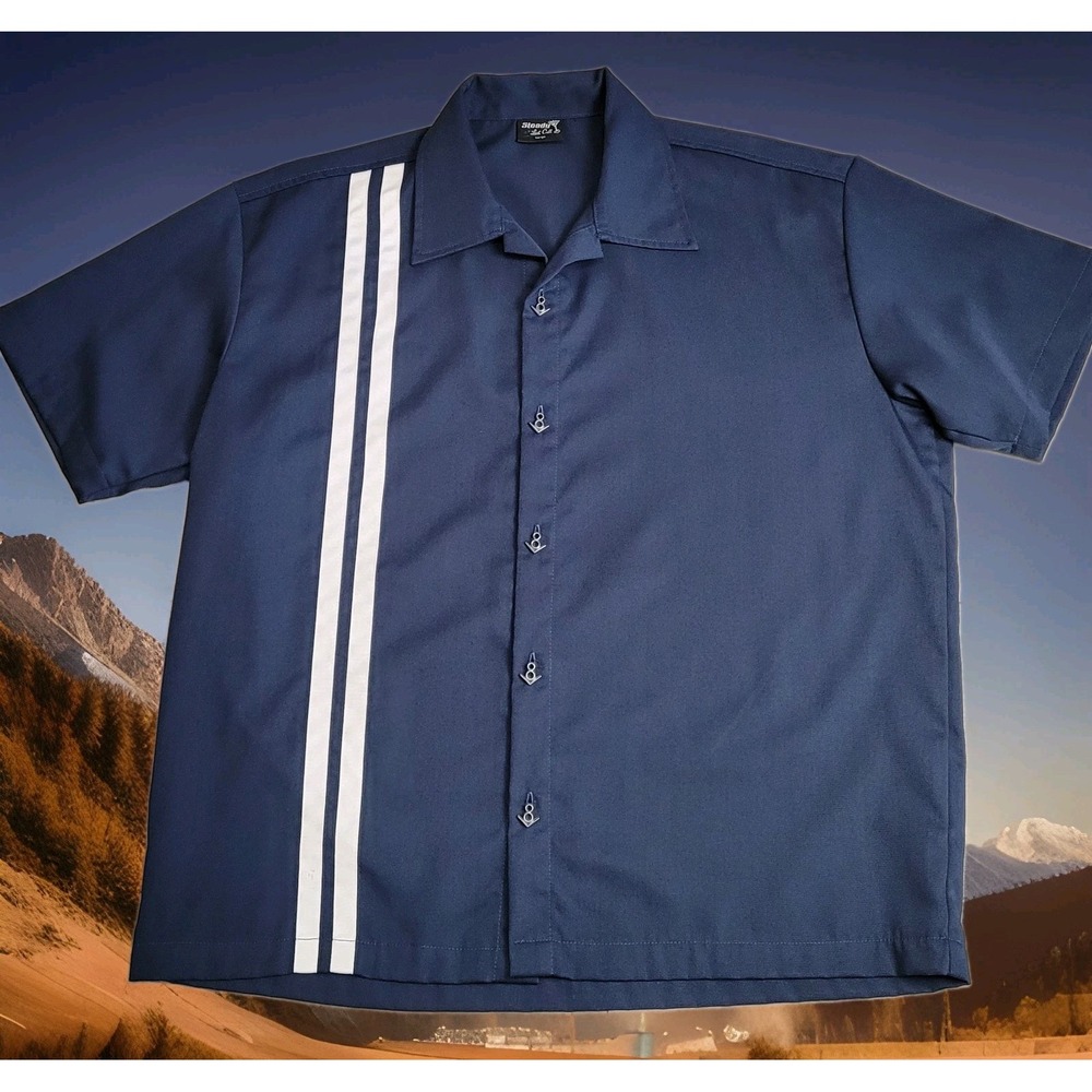 🎳NWT Steady Clothing Last Call V‑8 Speedway Racer Bowling Shirt Mens L Blue USA